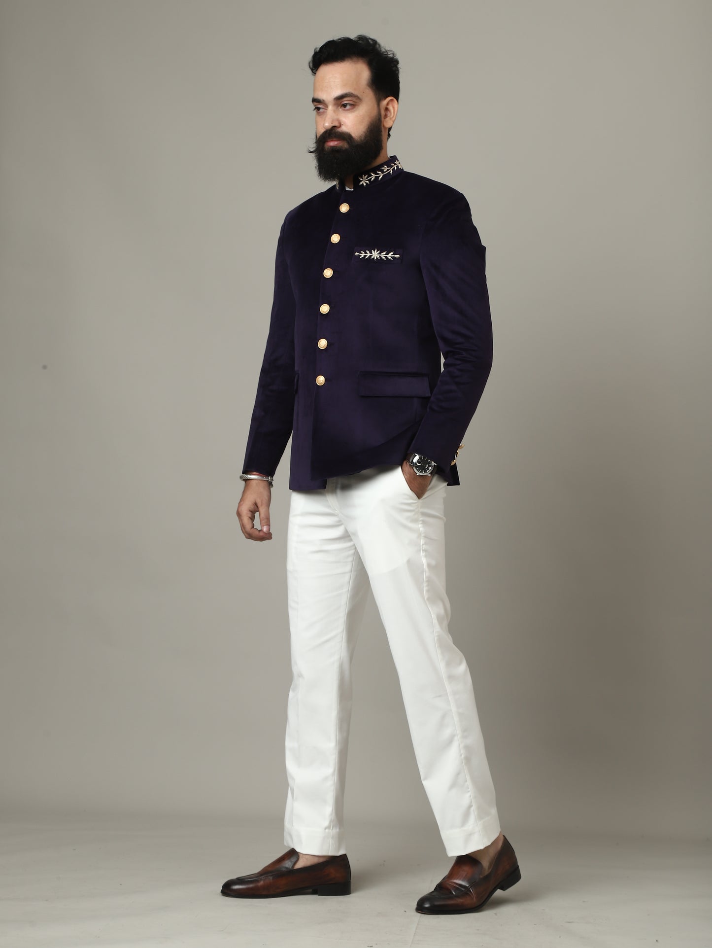 Purple Hand Embroidered Bandhgala with Ivory Pants | Reception & Wedding Wear