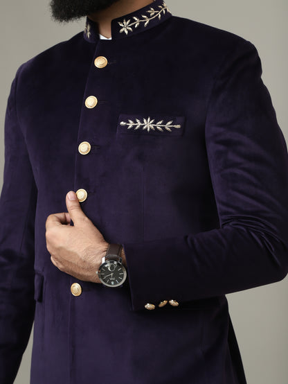 Purple Hand Embroidered Bandhgala with Ivory Pants | Reception & Wedding Wear