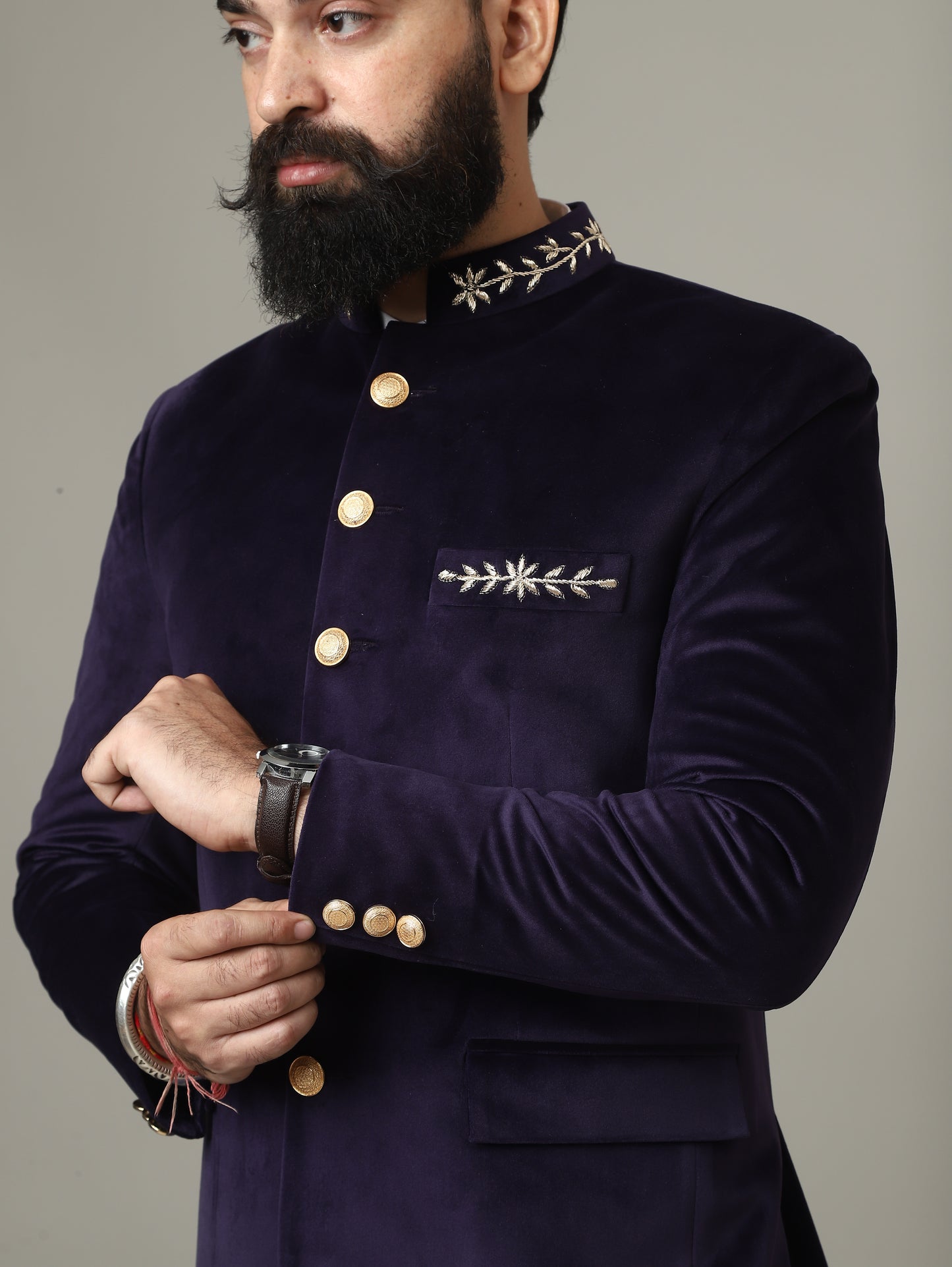 Purple Hand Embroidered Bandhgala with Ivory Pants | Reception & Wedding Wear