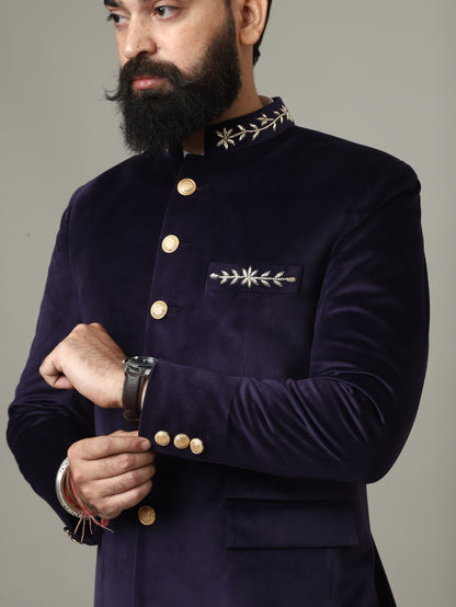 Purple Hand Embroidered Bandhgala with Ivory Pants | Reception & Wedding Wear