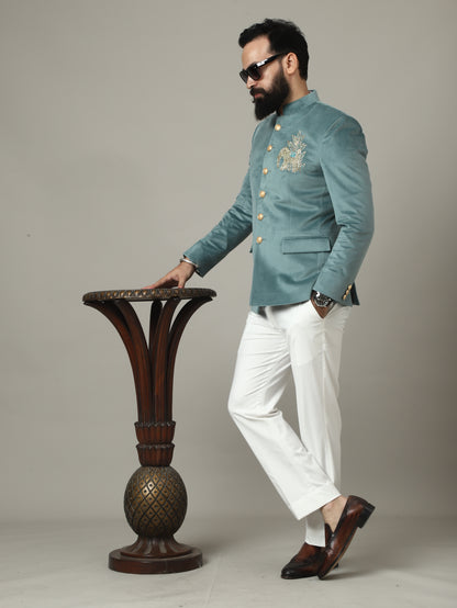 Sage Green Embroidered Bandhgala Suit with Ivory Pants | Luxury Wedding Wear