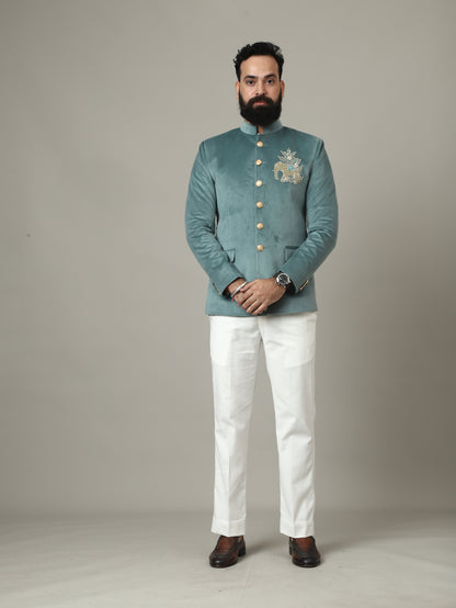 Sage Green Embroidered Bandhgala Suit with Ivory Pants | Luxury Wedding Wear