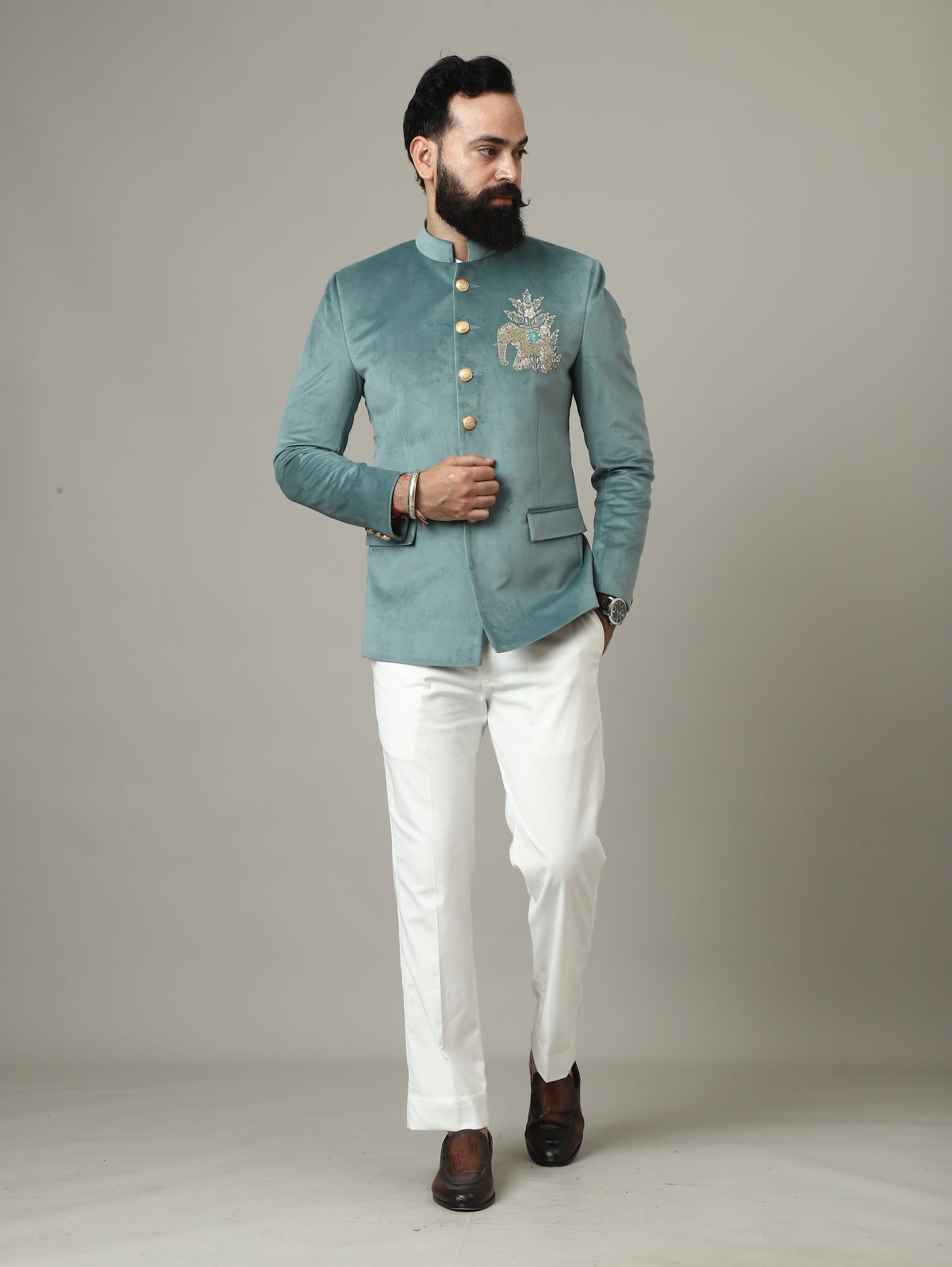 Sage Green Embroidered Bandhgala Suit with Ivory Pants | Luxury Wedding Wear