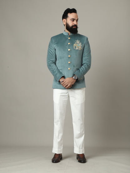 Sage Green Embroidered Bandhgala Suit with Ivory Pants | Luxury Wedding Wear
