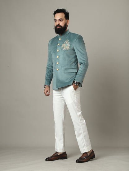 Sage Green Embroidered Bandhgala Suit with Ivory Pants | Luxury Wedding Wear