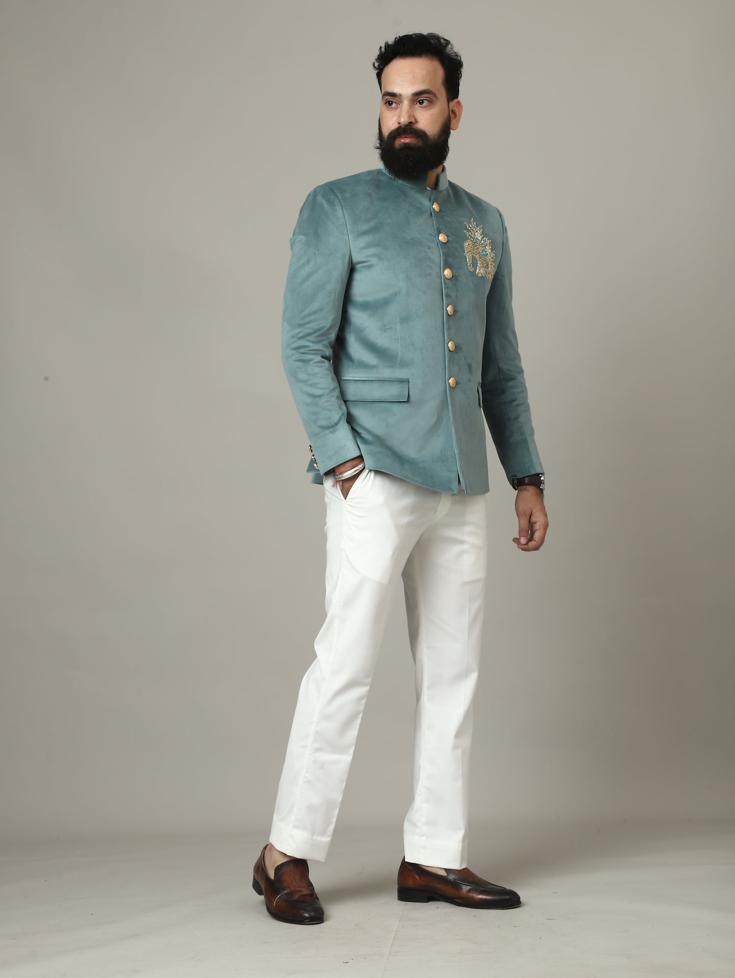 Sage Green Embroidered Bandhgala Suit with Ivory Pants | Luxury Wedding Wear