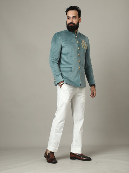 Sage Green Embroidered Bandhgala Suit with Ivory Pants | Luxury Wedding Wear