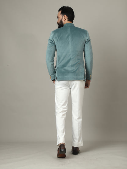 Sage Green Embroidered Bandhgala Suit with Ivory Pants | Luxury Wedding Wear