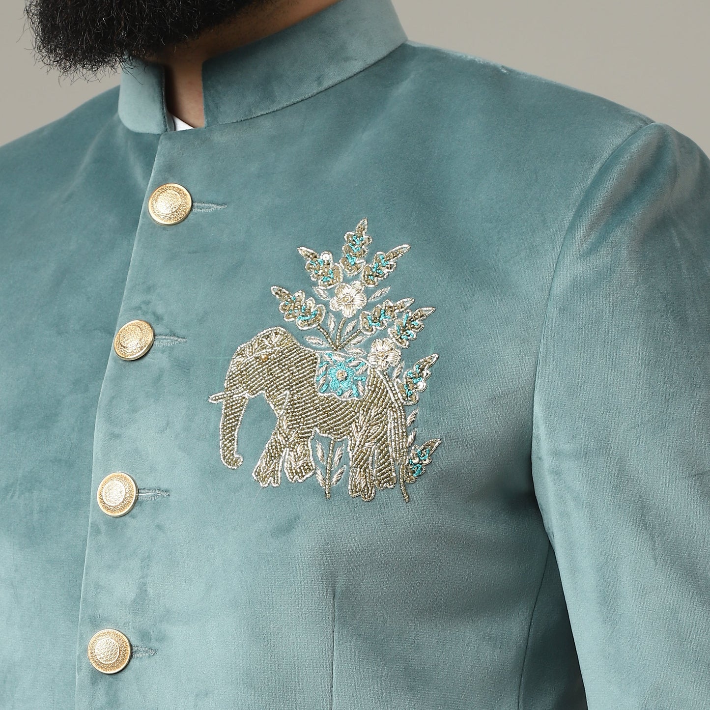 Sage Green Embroidered Bandhgala Suit with Ivory Pants | Luxury Wedding Wear