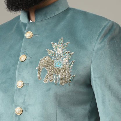 Sage Green Embroidered Bandhgala Suit with Ivory Pants | Luxury Wedding Wear