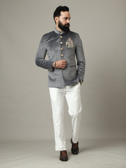Steel Grey Embroidered Bandhgala Jacket with Ivory Pants | Luxury Wedding Set