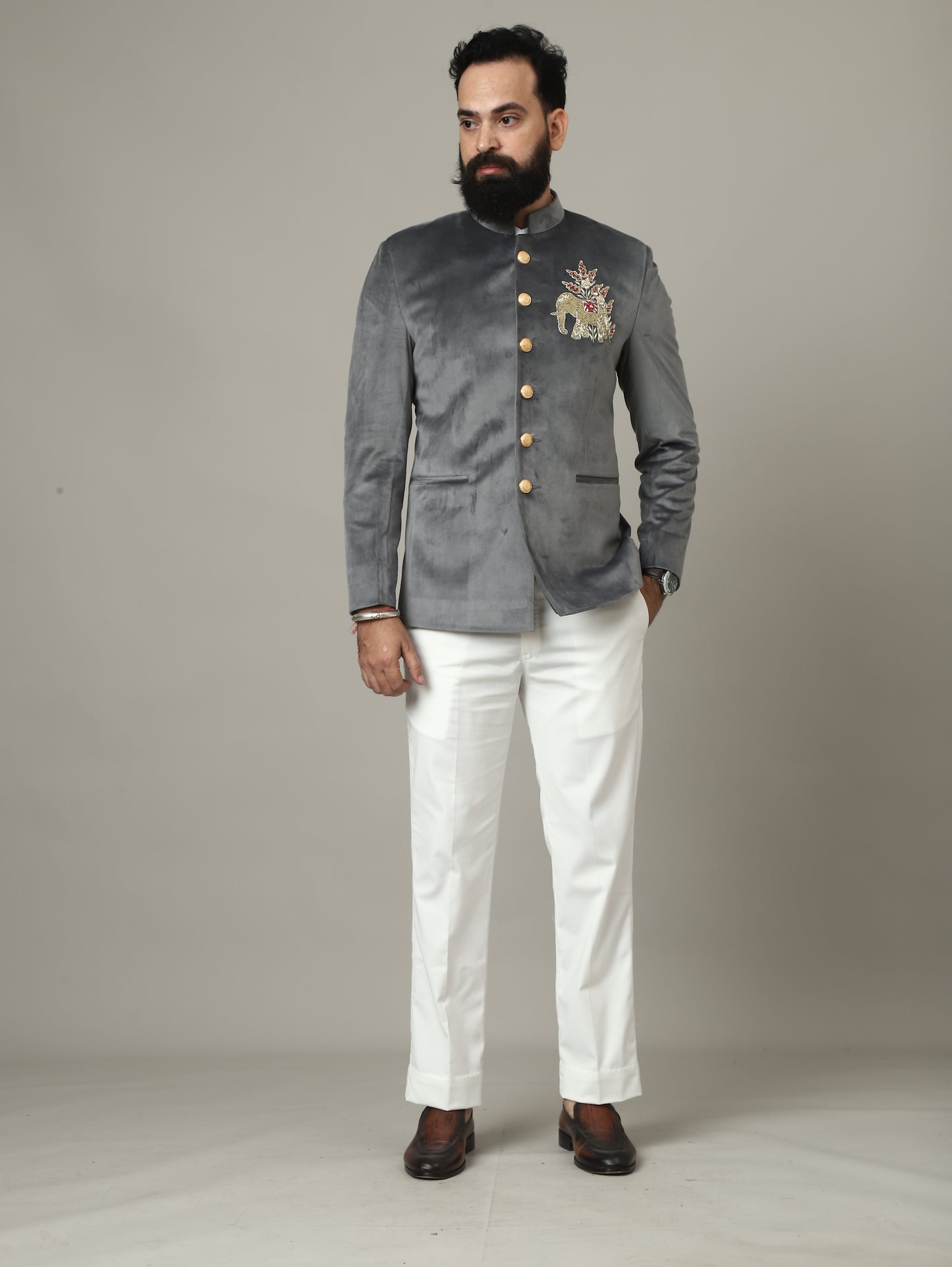 Steel Grey Embroidered Bandhgala Jacket with Ivory Pants | Luxury Wedding Set