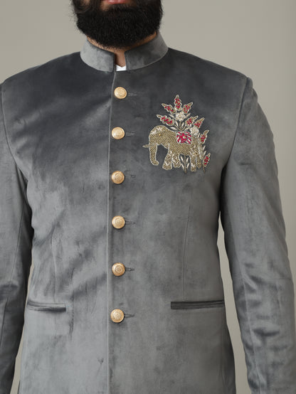 Steel Grey Embroidered Bandhgala Jacket with Ivory Pants | Luxury Wedding Set