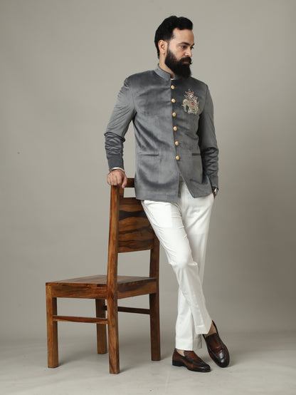 Steel Grey Embroidered Bandhgala Jacket with Ivory Pants | Luxury Wedding Set