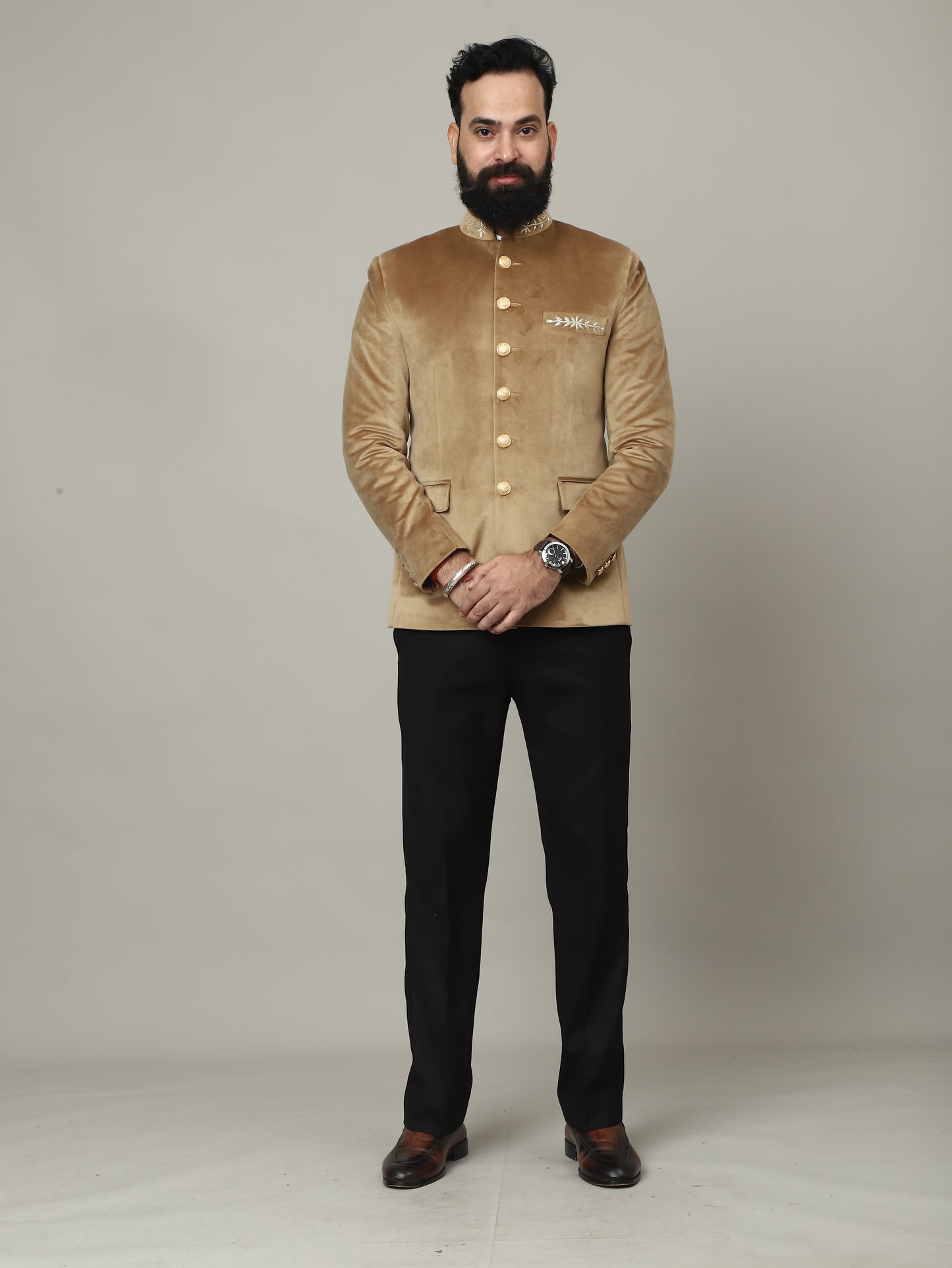 Golden Beige Velvet Bandhgala Jacket with Pants | Wedding & Festive Wear