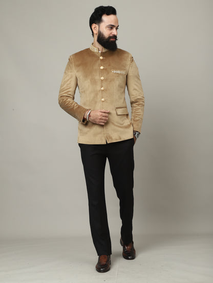 Golden Beige Velvet Bandhgala Jacket with Pants | Wedding & Festive Wear