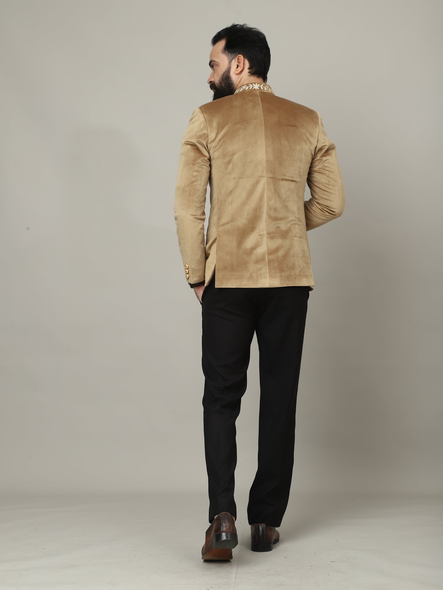 Golden Beige Velvet Bandhgala Jacket with Pants | Wedding & Festive Wear