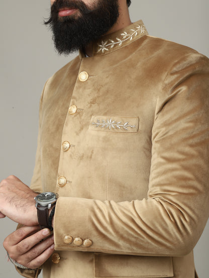 Golden Beige Velvet Bandhgala Jacket with Pants | Wedding & Festive Wear