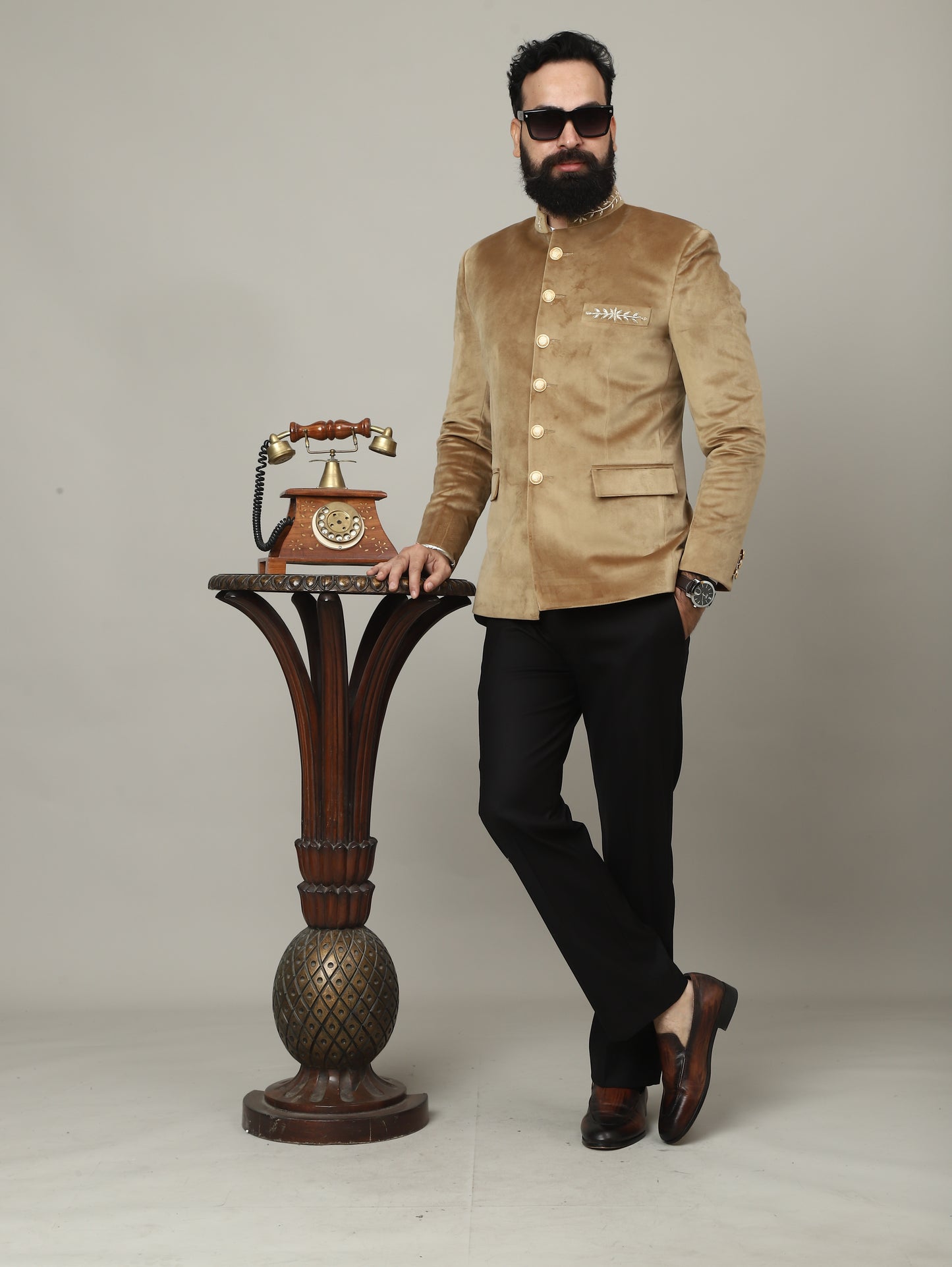 Golden Beige Velvet Bandhgala Jacket with Pants | Wedding & Festive Wear