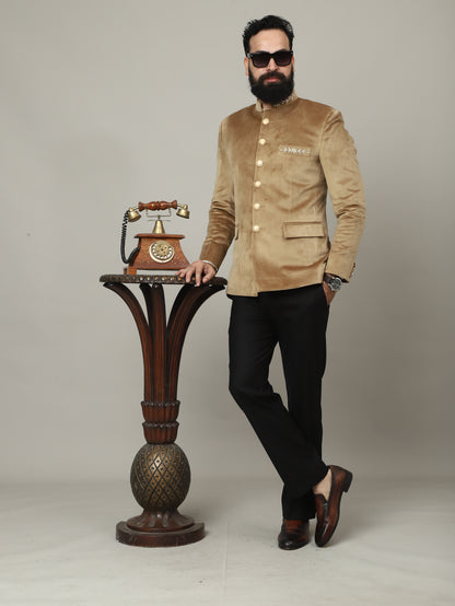 Golden Beige Velvet Bandhgala Jacket with Pants | Wedding & Festive Wear