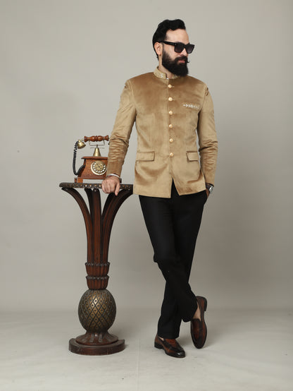 Golden Beige Velvet Bandhgala Jacket with Pants | Wedding & Festive Wear