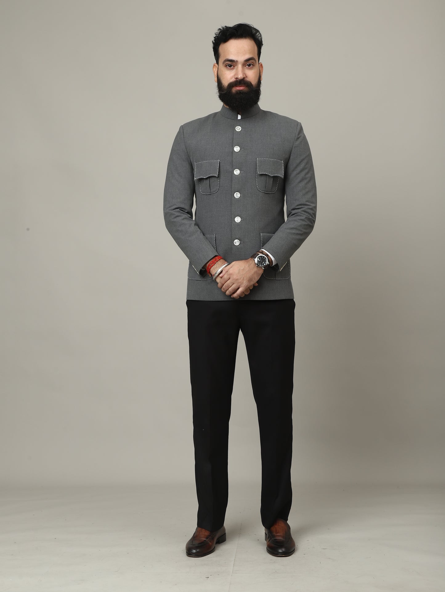 The Maharaja Charcoal 4 Pocket Bandhgala with Signature Pocket Detailing