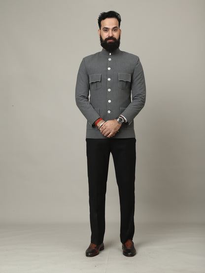 The Maharaja Charcoal 4 Pocket Bandhgala with Signature Pocket Detailing