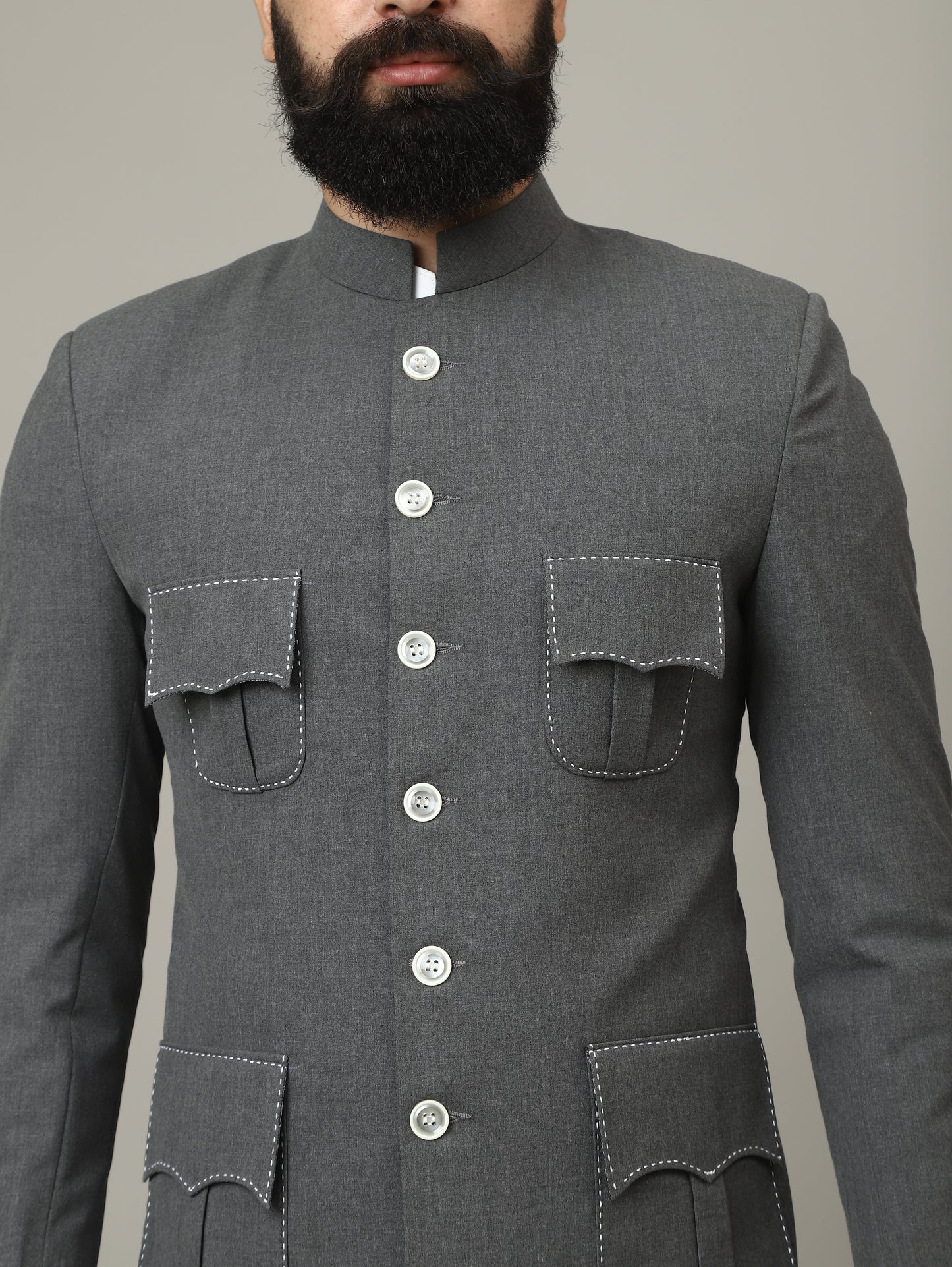 The Maharaja Charcoal 4 Pocket Bandhgala with Signature Pocket Detailing