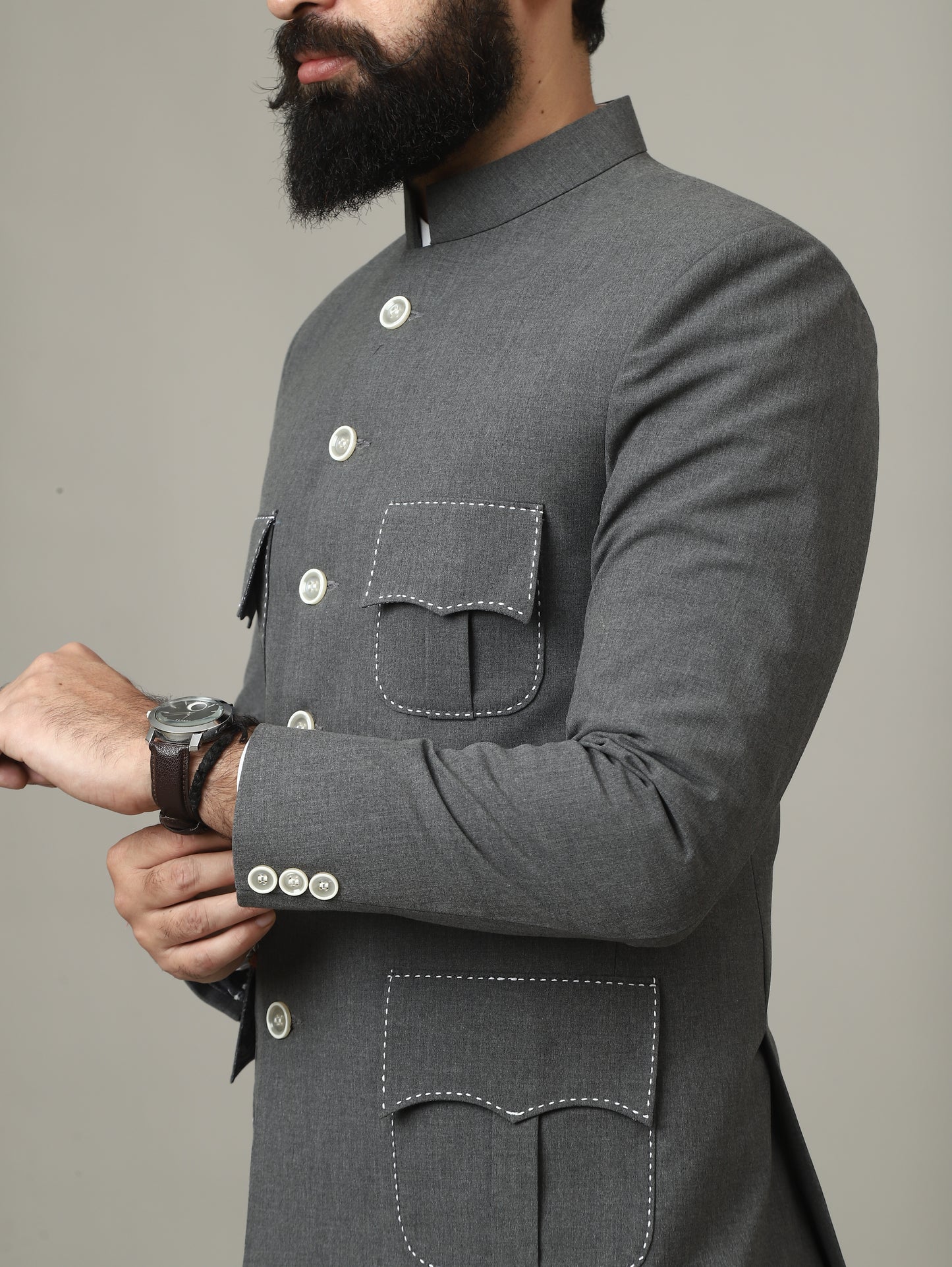 The Maharaja Charcoal 4 Pocket Bandhgala with Signature Pocket Detailing