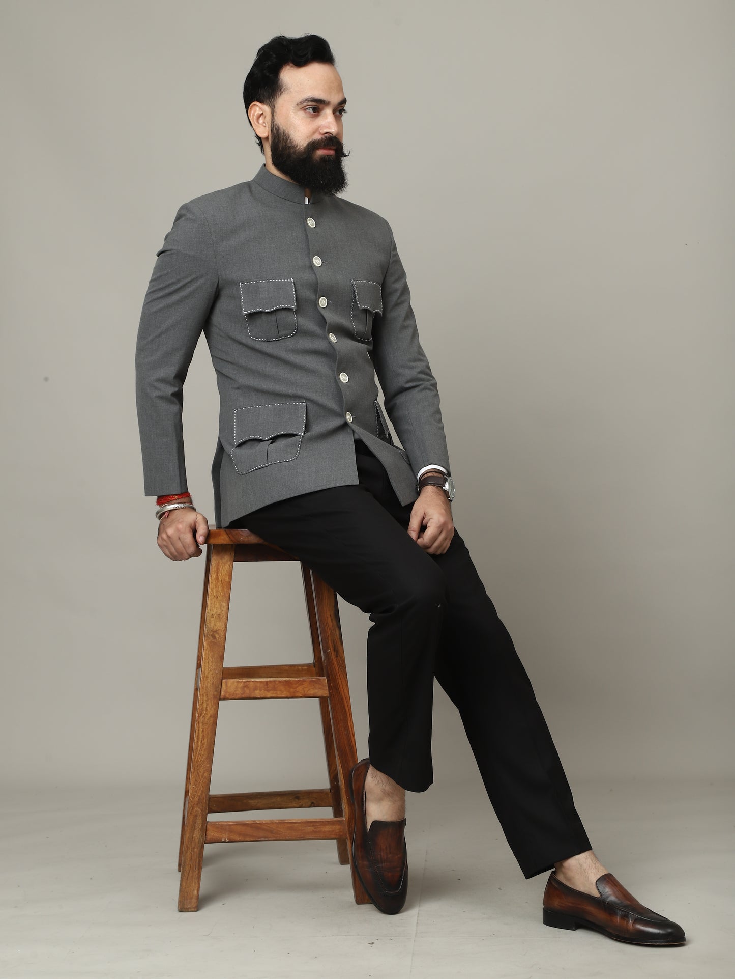 The Maharaja Charcoal 4 Pocket Bandhgala with Signature Pocket Detailing