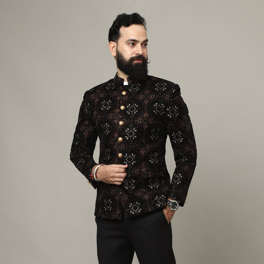 Black Embroidered Velvet Bandhgala Jacket with Tailored Pants | Royal Indian Menswear