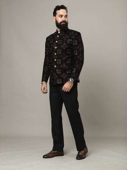 Black Embroidered Velvet Bandhgala Jacket with Tailored Pants | Royal Indian Menswear