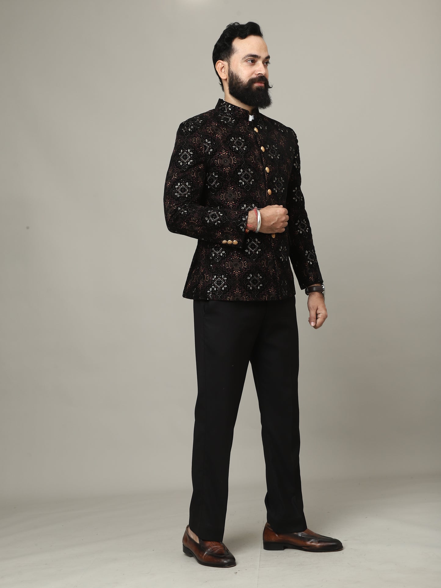 Black Embroidered Velvet Bandhgala Jacket with Tailored Pants | Royal Indian Menswear