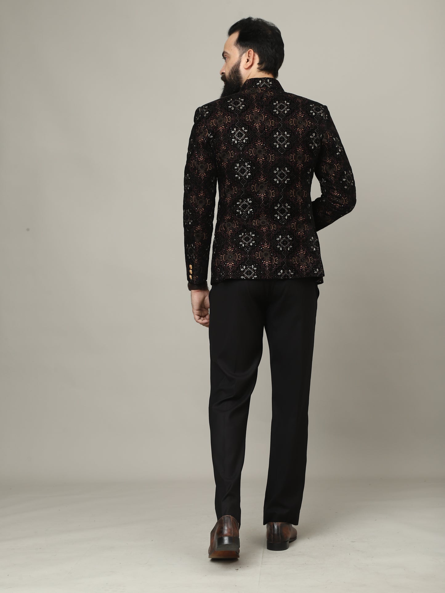 Black Embroidered Velvet Bandhgala Jacket with Tailored Pants | Royal Indian Menswear