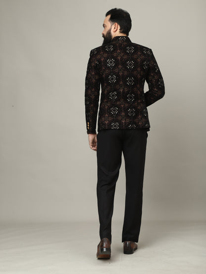 Black Embroidered Velvet Bandhgala Jacket with Tailored Pants | Royal Indian Menswear