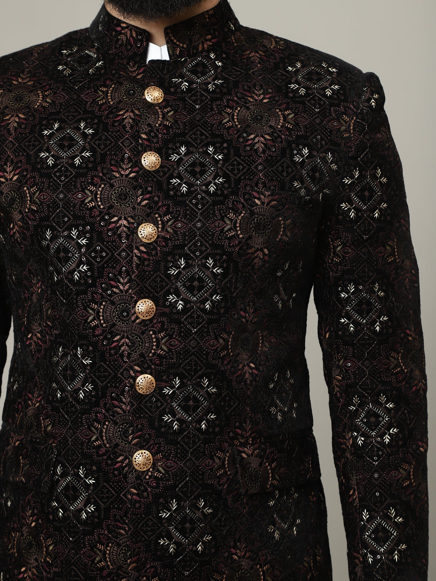 Black Embroidered Velvet Bandhgala Jacket with Tailored Pants | Royal Indian Menswear