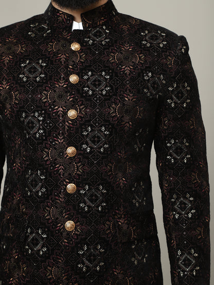 Black Embroidered Velvet Bandhgala Jacket with Tailored Pants | Royal Indian Menswear