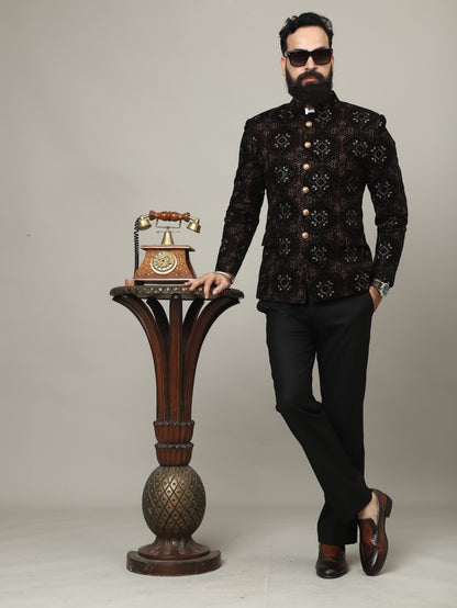 Black Embroidered Velvet Bandhgala Jacket with Tailored Pants | Royal Indian Menswear