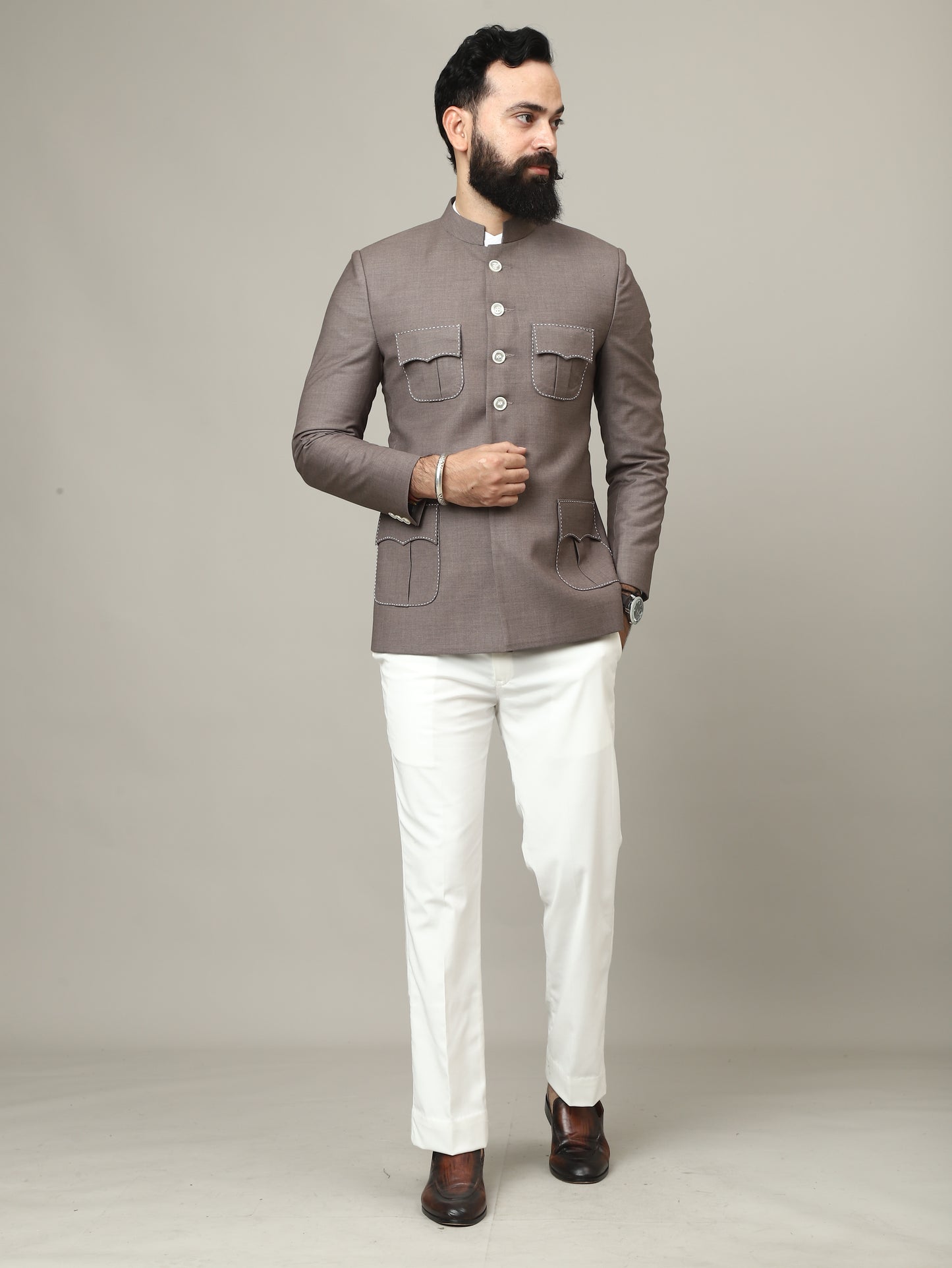 Imperial Mocha Hunting Bandhgala with Signature Pocket Detailing