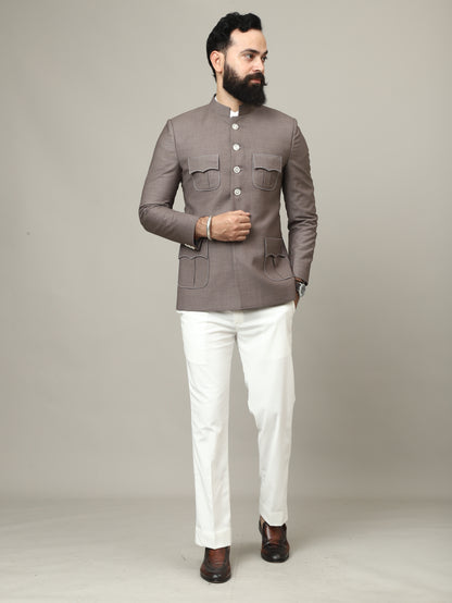 Imperial Mocha Hunting Bandhgala with Signature Pocket Detailing