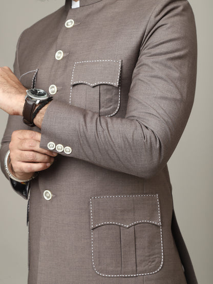 Imperial Mocha Hunting Bandhgala with Signature Pocket Detailing