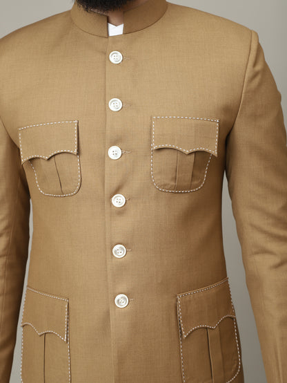Sandstone Camel 4 Pocket Hunting Bandhgala with Pocket Detailing