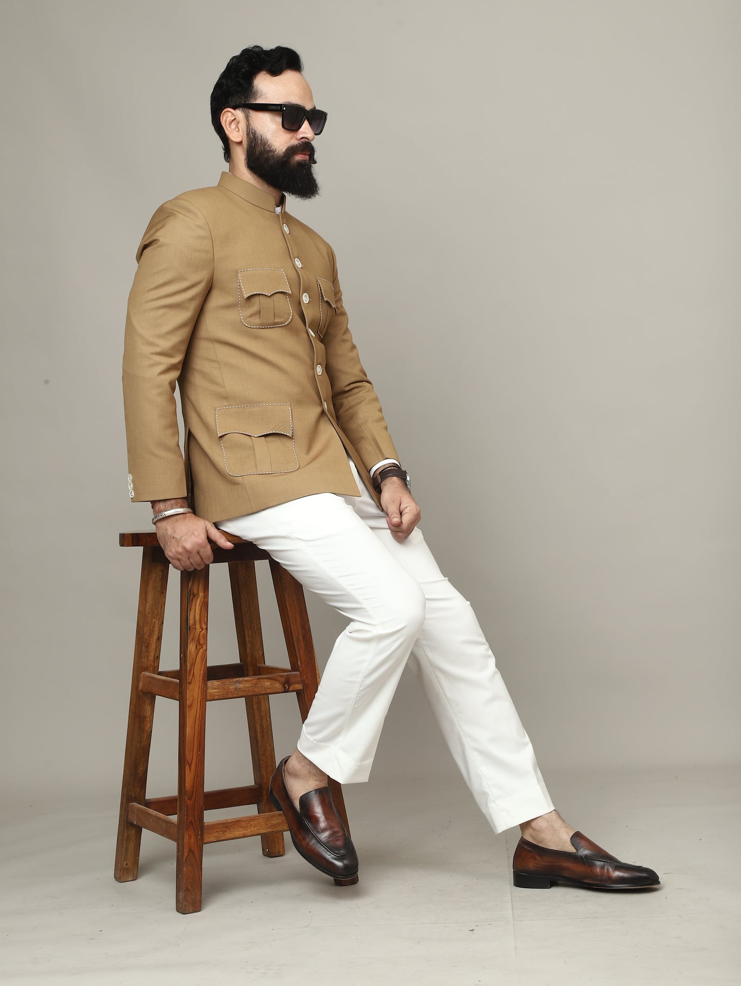 Sandstone Camel 4 Pocket Hunting Bandhgala with Pocket Detailing