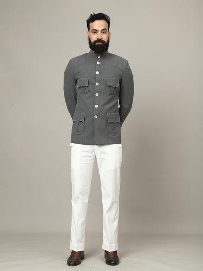 The Maharaja Charcoal Grey Bandhgala with Signature Pocket Detailing