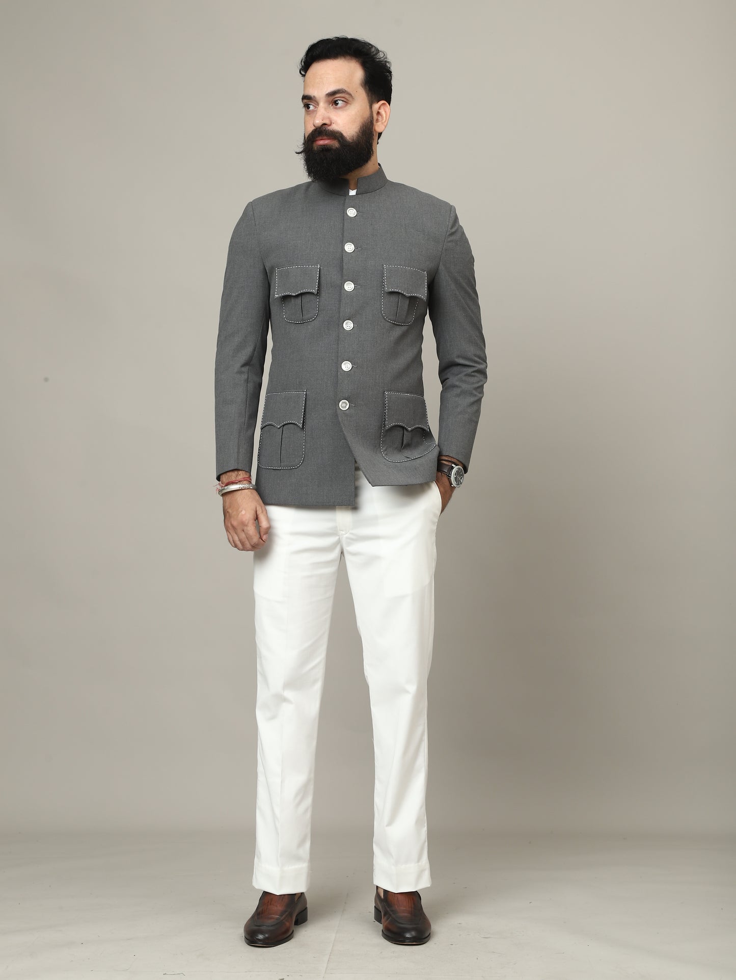 The Maharaja Charcoal Grey Bandhgala with Signature Pocket Detailing