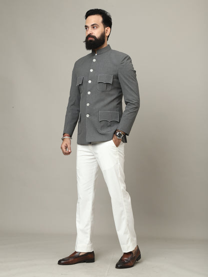 The Maharaja Charcoal Grey Bandhgala with Signature Pocket Detailing