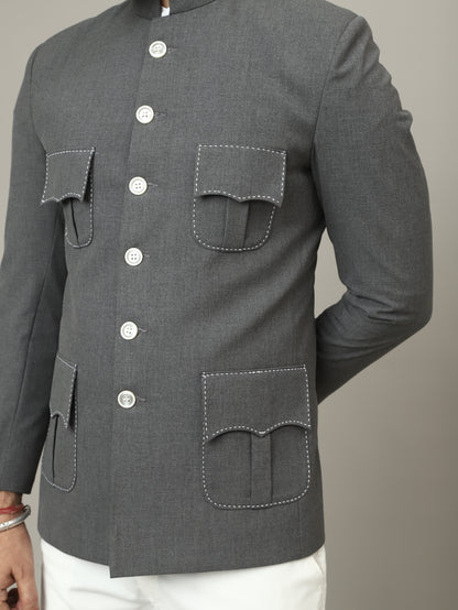 The Maharaja Charcoal Grey Bandhgala with Signature Pocket Detailing