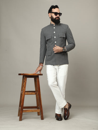 The Maharaja Charcoal Grey Bandhgala with Signature Pocket Detailing