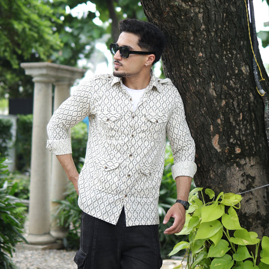 Off White Printed Hunting Style Shirt