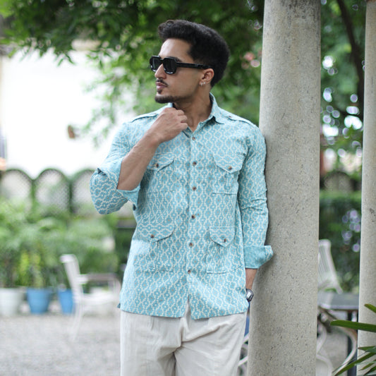 Azure Blue Ikat Print Hunting Style Shirt